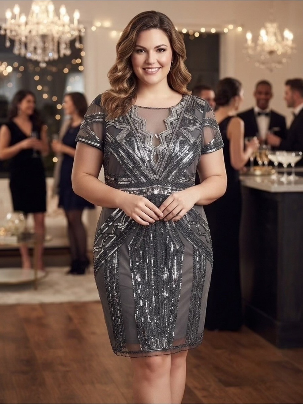 🔥VISION FOR INNOVATION 🖤 Sequined Gray Midi Cocktail Dress with Sheer Panels